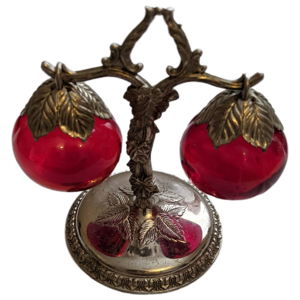 Vintage Red Glass Apple Salt and Pepper Shakers Set Silver Tone Japan Kitsch
